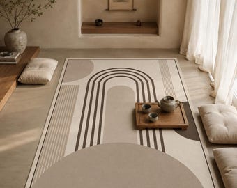 Japandi Rug, Neutral Abstract Arch Carpet, Zen Living Room Decor