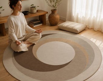 Neutral Round Rug, Abstract Crescent Carpet, Japandi Room Decor