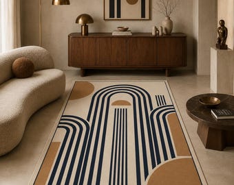 Mid Century Rug, Navy Arch Area Carpet, Modern Living Room Decor