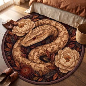May include: A round area rug featuring a large, coiled brown snake with red eyes as the central focus. The design includes detailed illustrations of large, pale cream-colored peony flowers and dark reddish-brown autumn leaves surrounding the snake.