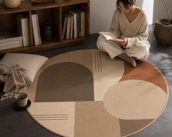 Bauhaus Round Rug, Neutral Abstract Carpet, Warm Modern Decor