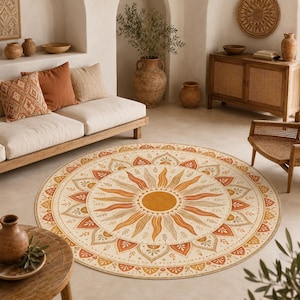 Könnte beinhalten: Ein großer runder Teppich mit einem zentralen Sonnenstrahlenmotiv, umgeben von konzentrischen Bändern aus stilisierten Blumen- und Blattmustern in Terrakotta, Senfgelb, Creme und Beige, mit einem sich wiederholenden Randdesign.
