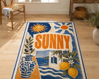 Sunny Rug, Amalfi Lemon Coastal Carpet, Boho Room Decor