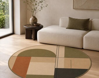 Bauhaus Round Rug, Olive Green Abstract Carpet, Modern Decor