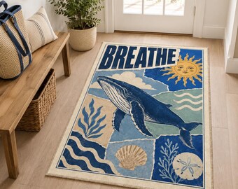 Alfombra de ballena, alfombra con diseño de océano costero, decoración para casas de playa.
