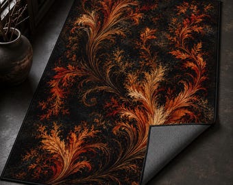 Gothic Floral Rug, Black Orange Fractal Carpet, Fireplace Decor