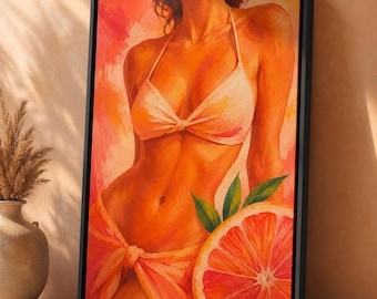 Tropical Woman Canvas Wall Art, Citrus Bikini Print, Summer Decor
