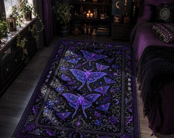 Luna Moth Rug, Purple Celestial Carpet, Witchy Bedroom Decor
