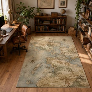 May include: A rectangular area rug featuring a detailed vintage-style map design in muted shades of beige, tan, and soft blue. The surface displays intricate cartographic illustrations including landmasses, bodies of water, and compass roses.