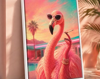 Glam Flamingo Canvas Wall Art, Pink Poolside Print, Tropical Decor