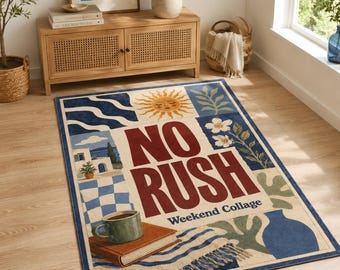 Alfombra sin prisas, alfombra collage de café de fin de semana, decoración de habitación bohemia
