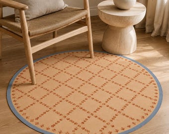 Round Boho Rug, Terracotta Diamond Carpet, Blue Border Decor