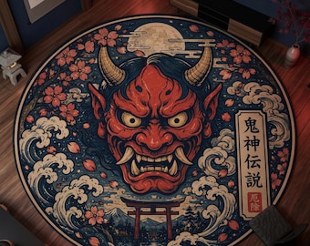 Japanischer Oni-Dämon-runder Teppich, Ukiyo-e Folklore Sakura Wave-Bodendekor