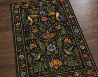 Tukan Teppich, Tropischer Blumenteppich, Jungalow Home Decor