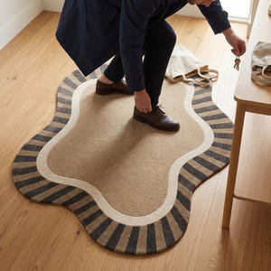Irregular Shape Rug, Olive Stripe Decor, Neutral Entryway Gift