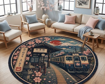 Japanese Train Station Round Rug, Sakura Mount Fuji Landscape Floor Rug, Vintage Travel Decor