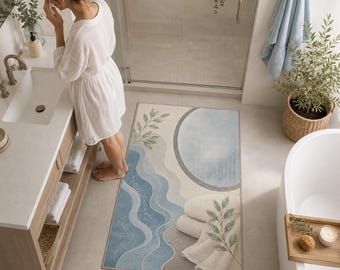 Coastal Bath Runner, Blue Wave Bathroom Rug, Spa Decor Gift