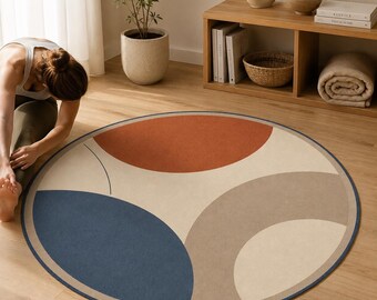 Abstract Round Rug, Mid Century Circle Carpet, Earth Tone Decor