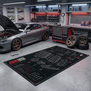 JDM Turbo Engine Rug, Automotive Blueprint Garage Carpet