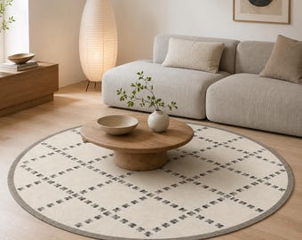 Round Gray Rug, Minimalist Diamond Carpet, Neutral Room Decor