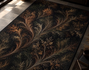 Gothic Botanical Rug, Black Gold Forest Carpet, Dark Academia Decor