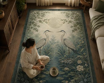 Reiher Teppich, Mondbeschienener Teichvogel Teppich, Japandi Home Decor