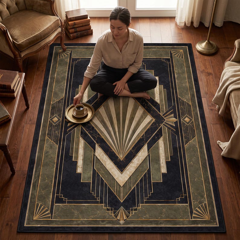 May include: A rectangular area rug featuring a dark navy blue and olive green geometric pattern with gold-toned lines. The design includes a central sunburst motif, layered angular shapes, and marble-like textures throughout the surface.
