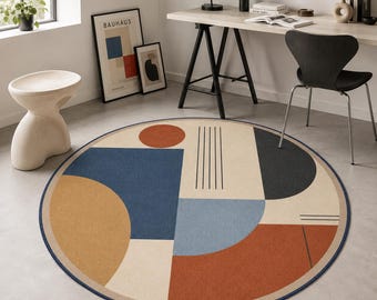 Bauhaus Round Rug, Mid Century Geometric Carpet, Modern Decor
