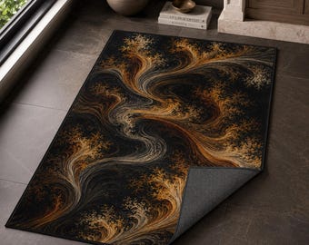 Gothic Swirl Rug, Black Gold Fractal Carpet, Dark Academia Decor