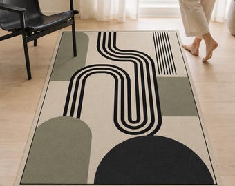 Abstract Rug, Sage Green Arch Carpet, Modern Living Room Decor