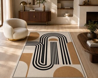 Mid Century Rug, Abstract Arch Area Carpet, Neutral Living Room Decor