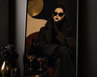 Dark Feminine Canvas Wall Art, Black Cat Cocktail Portrait, Lounge Decor