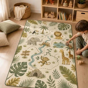 Alfombra con mapa de safari, alfombra de aventuras con animales de la jungla, regalo para la habitación del bebé.