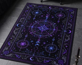 Celestial Compass Rug, Purple Moon Carpet, Gothic Room Decor