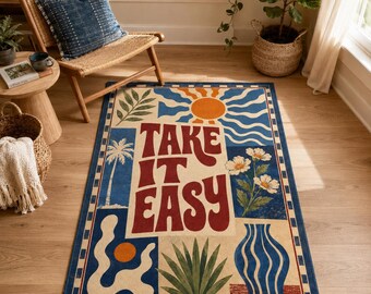 Alfombra Take It Easy, alfombra floral retro con diseño de sol, decoración bohemia para la entrada.