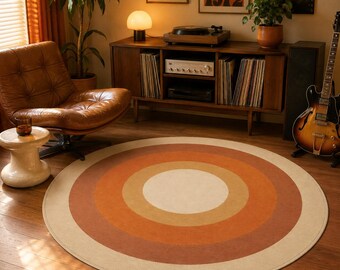 Orange Round Rug, Retro Circle Carpet, Mid Century Room Decor