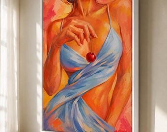 Feminine Figure Canvas Wall Art, Cherry Woman Print, Bedroom Decor