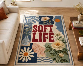 Alfombra Soft Life, alfombra estilo collage floral bohemio, decoración acogedora para el dormitorio.