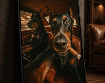 Funny Doberman Canvas Wall Art, Cigar Dog Print, Moody Office Decor