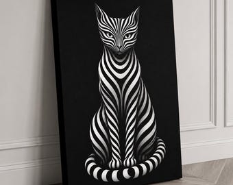 Monochrome Op Art Cat Canvas Print, Modern Black White Wall Art