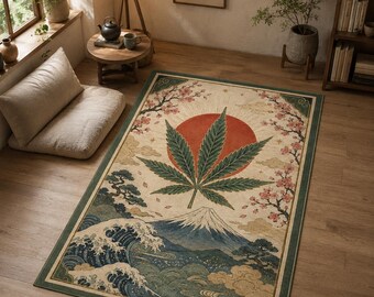 Cannabis Ukiyo E Rug, 420 Mount Fuji Carpet, Stoner Decor