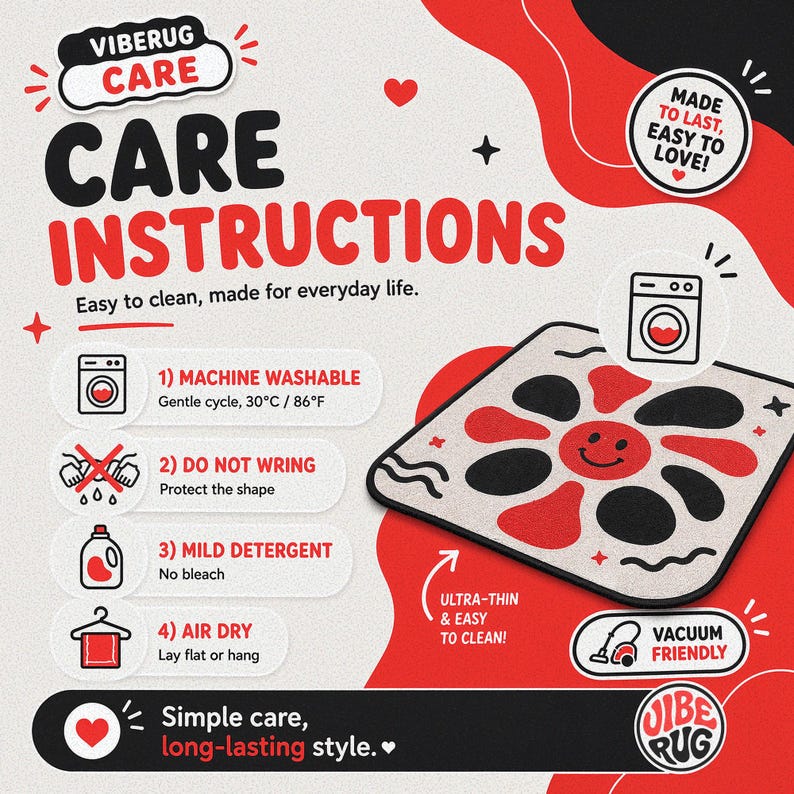 The image is an advertisement for a product called "VIBERUG CARE". It features a red and white color scheme with illustrations and text providing care instructions for the product.