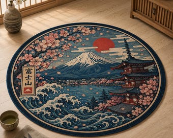Japanese Mount Fuji Cherry Blossom Round Rug, Ukiyo-e Wave Landscape Floor Decor