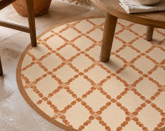 Round Terracotta Rug, Boho Lattice Carpet, Rustic Room Decor