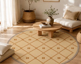 Round Boho Rug, Honey Gold Diamond Carpet, Neutral Decor