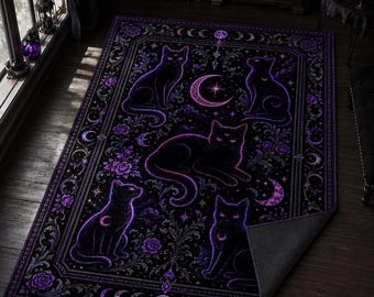 Black Cat Rug, Purple Moon Carpet, Witchy Gothic Room Decor