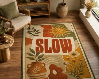 Alfombra Slow Rug, alfombra botánica en tonos tierra, decoración de habitación estilo boho.