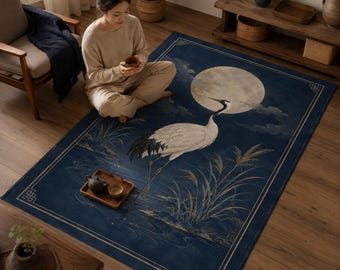 Kranich Teppich, Moonlit Navy Bird Teppich, Japandi Home Decor