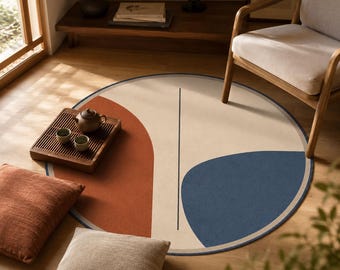 Abstract Round Rug, Terracotta Blue Circle Carpet, Modern Decor
