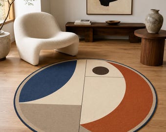 Abstract Round Rug, Mid Century Record Room Carpet, Modern Decor
